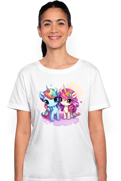 StoryGift Romania Tricou Femei Cu 2 Unicorni, Ilustratie, Norisori, Veseli, F...