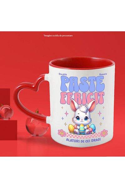 StoryGift Romania Cana Cu Iepure Alb Copii Cu Oua Colorate Pascal Flori, Stele Text Paste Fericit , Cu Maner Inim Stg