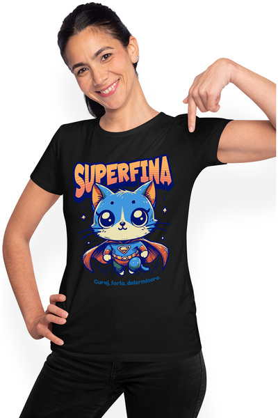 StoryGift Romania Tricou Femei Super Fina, Supererou, Pisica Zburand, Cu Imprimeu Pe Fata, 100% B Blk_l