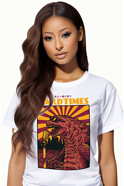 StoryGift Romania Tricou Femei Cu Dinozaur Cu Ochelarii De Soare Cantand La Microfon, Text In Engl Wht_m