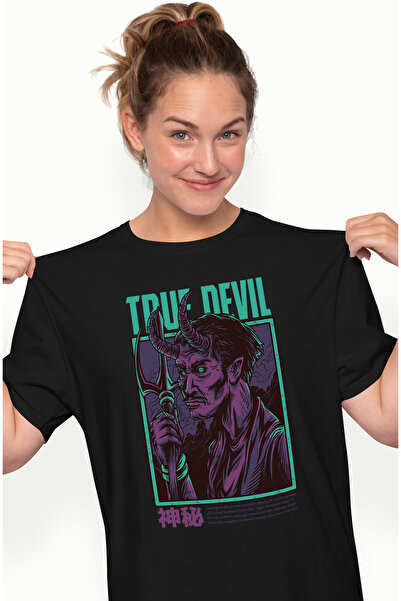 StoryGift Romania Tricou Femei Cu Text In Engleza True Devil, Monstru Mov Chip Uman Cu Coarne, Sti Blk_m