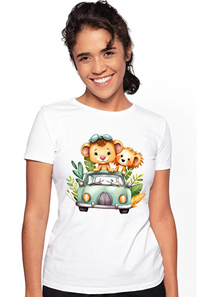 StoryGift Romania Tricou Femei Cu 2 Pui De Leu Care Se Plimba Cu O Masina, Ilustratie, Jungla, Nat Wht_m