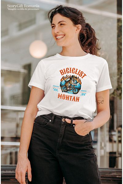 StoryGift Romania Women's T-shirt tiger on a mountain bike adventure with print on the front, 100% Cotton WHT_L, STG52428