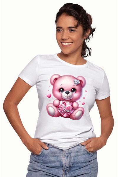 StoryGift Romania Tricou Femei Cu O Ursoaica De Plus, Roz, Ilustratie, Tine O Inima Din Diamant Cu Wht_l