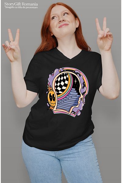 StoryGift Romania Tricou Femei Cu Arta Abstracta, Cap, Scari, Spatiu, Stele, Carouri, Multicolor BLK_L