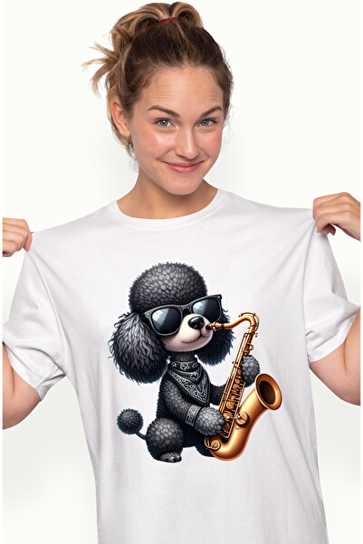 StoryGift Romania Tricou Femei Cu Un Catel Negru Blanos Care Canta La Saxofon, Ilustratie, Concert Wht_l