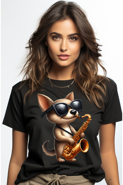 StoryGift Romania Tricou Femei Cu Un Catel Vesel Care Canta La Saxofon, Ilust...