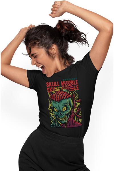 StoryGift Romania Tricou Femei Cu Portret Personaj Schelete Craniu Om Cu Dreduri Lungi Rosii Si Ha Blk_l