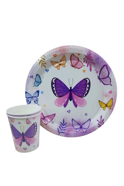 asöy 8-Person Macaron Lilac Pink Butterfly Disposable Plate-Cup-Party Set of 2 Plate White Purple Butterfly