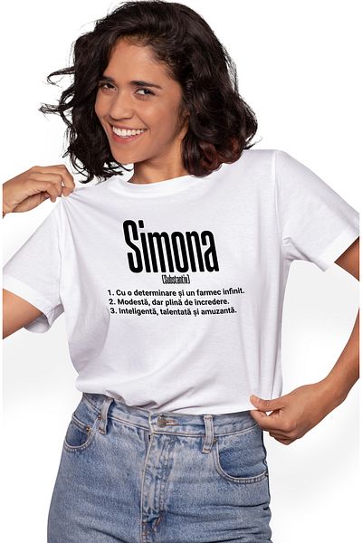 StoryGift Romania Tricou Femei Cu Numele Simona, Si Mesaj Motivational, Determinare, Modesta, Inte Wht_l