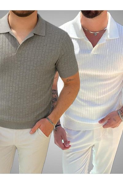 LC Waikiki Advantage Pack of 2 - Polo Collar Short Sleeve Striped Men's Summer Knitwear T-Shirt