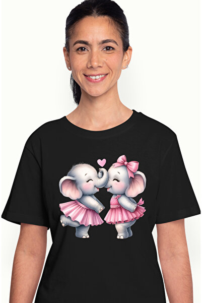 StoryGift Romania Tricou Femei Cu 2 Elefanti, Ilustratie, Prietenie, Inimioar...