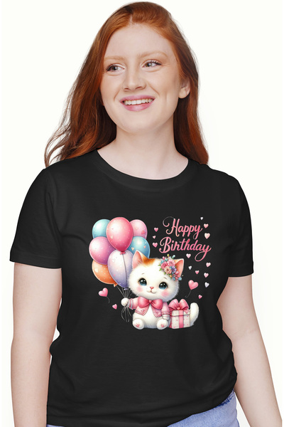 StoryGift Romania Tricou Femei Cu O Pisicuta Cu Mesajul "happy Birthday", La Multi Ani, Ilustratie Blk_m