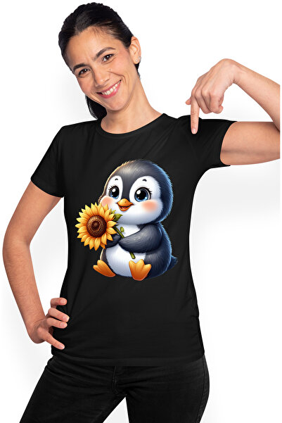 StoryGift Romania Tricou Femei Cu Un Pinguin Vesel Care Tine O Floare, Ilustr...