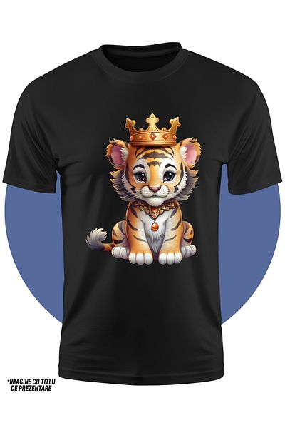StoryGift Romania Children's T-shirt with a tiger cub wearing a royal crown, nobility, cheerful, gold, stones