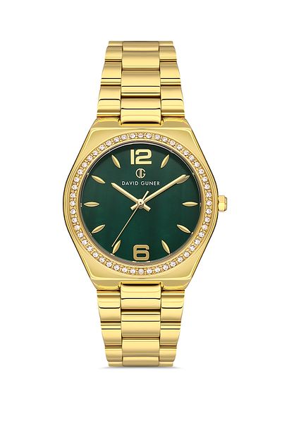 DAVID GUNER Plain Stainless Solid Steel Women's Wristwatch with Yellow Coated Green Dial - Dg-8472La-B10