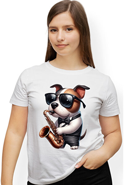 StoryGift Romania Tricou Femei Cu Un Caine Care Canta La Saxofon, Ilustratie, Ochelari, Instrument Wht_l