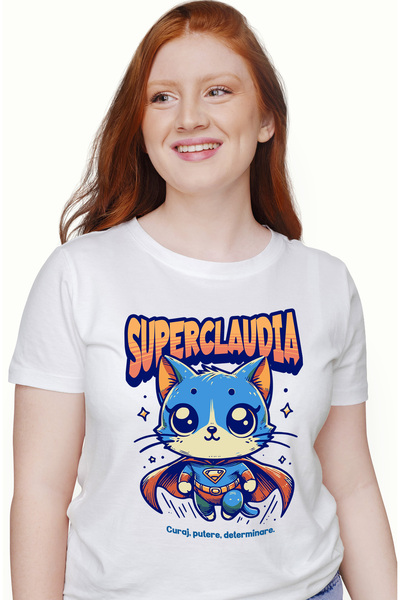 StoryGift Romania Tricou Femei Super Claudia, Supererou, Pisica Zburand, Cu I...