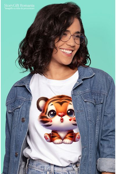StoryGift Romania Women's T-shirt with a tiger cub giving a kiss, illustration, hearts, appreciation WHT_L,STG55405