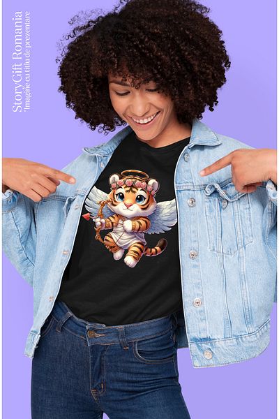 StoryGift Romania Women's T-shirt with a tiger cub Cupid, illustration, archery, crown in BLK_L,STG60575