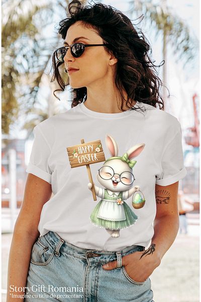 StoryGift Romania Tricou Femei cu o iepuroaica in rochita, ilustratie, Paste fericit, mesajul "Hap WHT_L