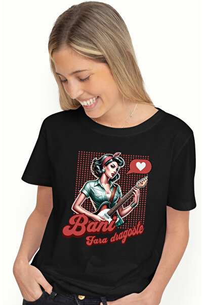 StoryGift Romania Tricou Femei Fata Retro Cu Chiatar Text Bani, Fara Dragoste Cu Imprimeu Pe Fata, Blk_l