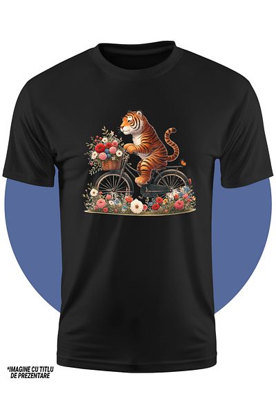 StoryGift Romania Children's T-shirt with a tiger riding a bike, illustration, walk, basket with flowers,