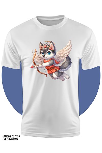 StoryGift Romania Tricou Copii Cu Un Caine Husky Cupidon, Ilustratie, Trage Cu Arcul, Indragostire, Aripi, V