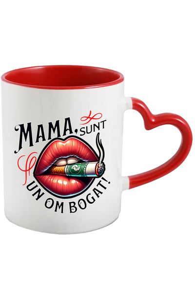 StoryGift Romania Cana Mama Sunt Un Om Bogat Tigara Buze Rosii, 330ml, Ceramica Cu Maner Inima Ros, Cu Maner Inim Stg