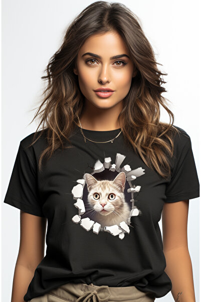 StoryGift Romania Tricou Femei Pisica Iesind Din Tricou Femei, Sparta, Design 3d, Cu Imprimeu Pe Blk_m