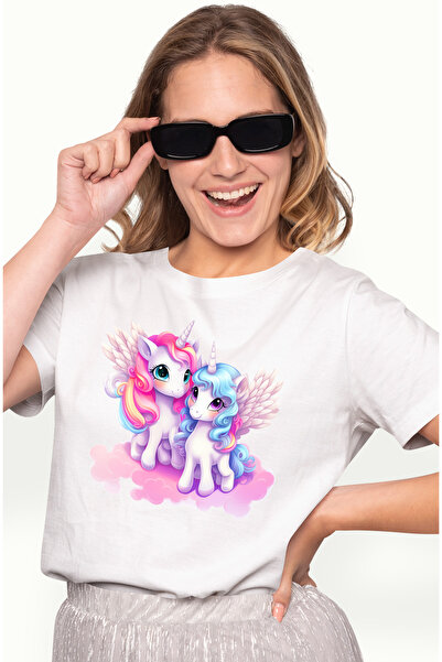 StoryGift Romania Tricou Femei Cu 2 Unicorni, Ilustratie, Zambesc, Aripi, Nor...