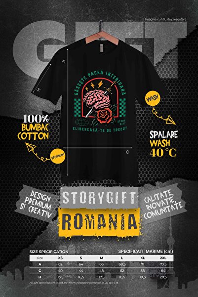 StoryGift Romania Tricou Femei Gaseste Pacea Interioara - Creier, Sabie, Floare (1), Cu Imprimeu Blk_l
