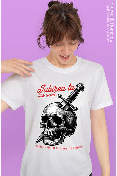 StoryGift Romania Tricou Femei Craniu Cu Cutit Iubirea Ta Ma Ucide Dragoste Cu Imprimeu Pe Fata, 1 Wht_l