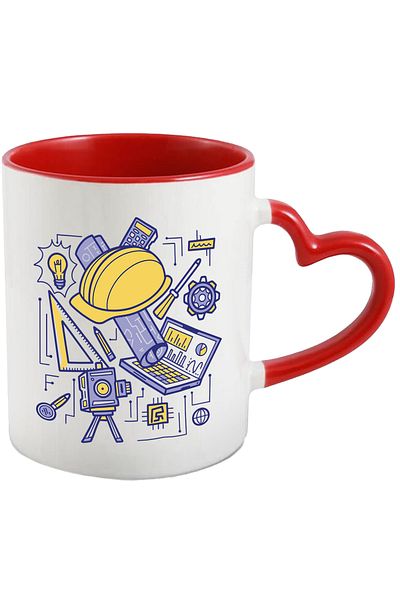 StoryGift Romania Cana Cu Casca, Compas, Laptop, Inginerie, Plan, Calculator, Multicolor 330 Ml, C, Cu Maner Inim Stg