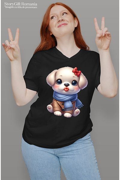 StoryGift Romania Tricou Femei Cu Un Catelus Care Da Un Pupic, Ilustratie, Fular, Imbracat Gros, F Blk_l