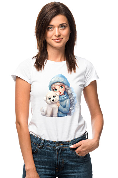 StoryGift Romania Tricou Femei Cu O Fata Draguta Cu Parul Alb, Fes, Imbracata Gros, Ninge, Are Un Wht_l