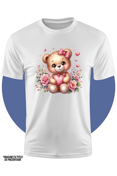 StoryGift Romania Tricou Copii Cu Un Ursulet De Plus Care Tine O Inima In Brate, Ilustratie, Trandafiri, Flo