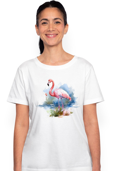StoryGift Romania Tricou Femei Cu Pasarea Flamingo, Ilustratie, Roz, Apa, Lac...