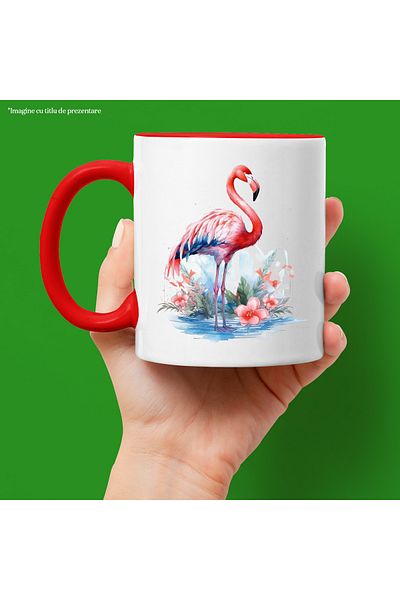 StoryGift Romania Cana Cu O Pasare Flamingo | Ilustratie | Floricele | Roz | Plante | Natura | Veg, Cu Maner Rosu Stg