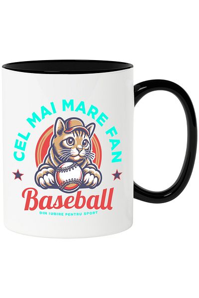 StoryGift Romania Cana Pisica Motan Cel Mai Mare Fan Baseb4all Iubire, 330ml, Ceramica Cu Maner Ne, Cu Maner Negru Stg