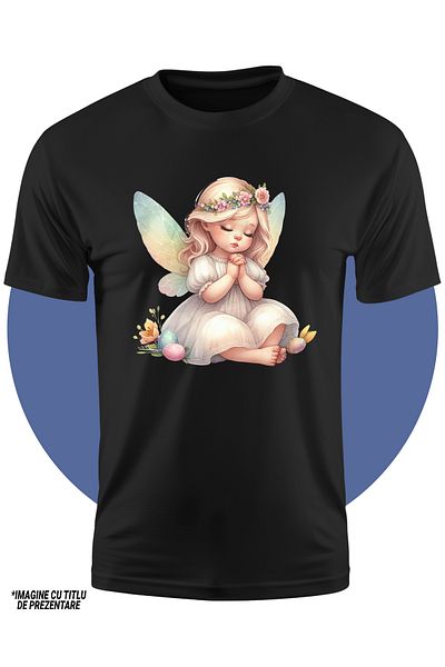 StoryGift Romania Tricou Copii Cu O Fetita Cu Aripi De Zana, Ilustratie, Mainile Impreunate, Se Roaga, Flori
