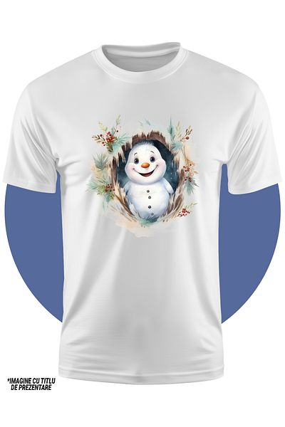 StoryGift Romania Tricou Copii Cu Un Om De Zapada Vesel Care Sta Intr-o Pestera, Ilustratie, Bucurie, Frig,