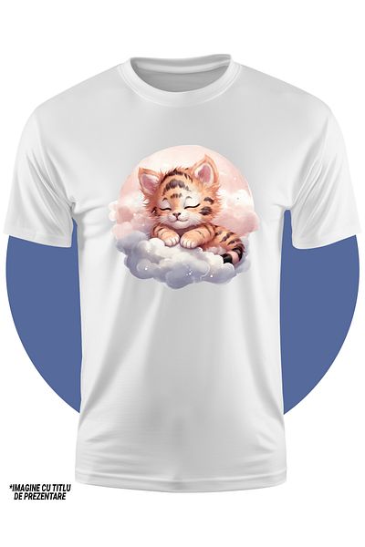StoryGift Romania Tricou Copii Cu Un Pui De Tigru Care Doarme, Ilustratie, Norisor, Cerc, Luna Plina, Ora De