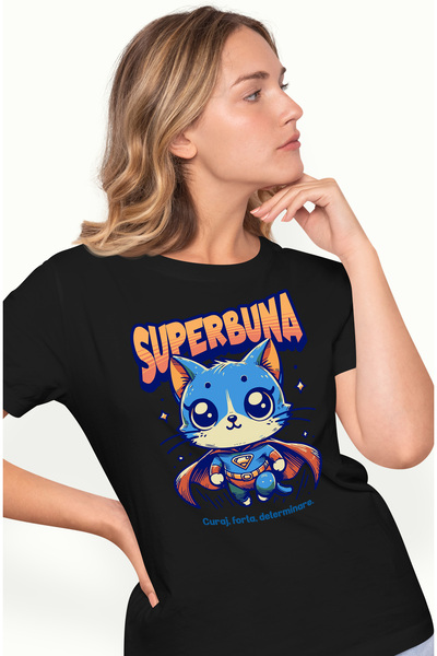 StoryGift Romania Tricou Femei Super Buna, Supererou, Pisica Zburand, Cu Impr...
