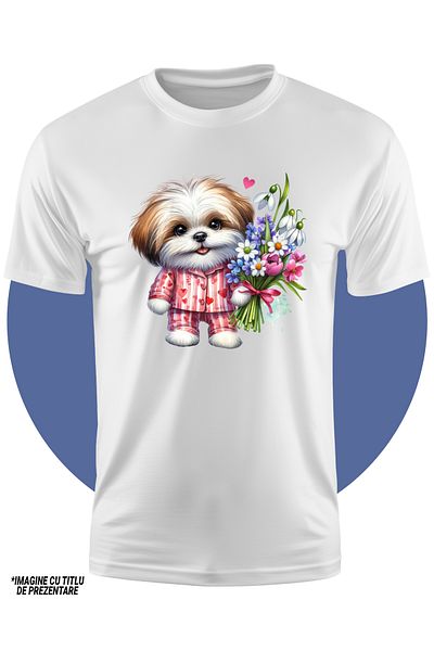 StoryGift Romania Tricou Copii cu un catel care tine un buchet cu flori, blanos, vesel, ilustratie, cadou pe