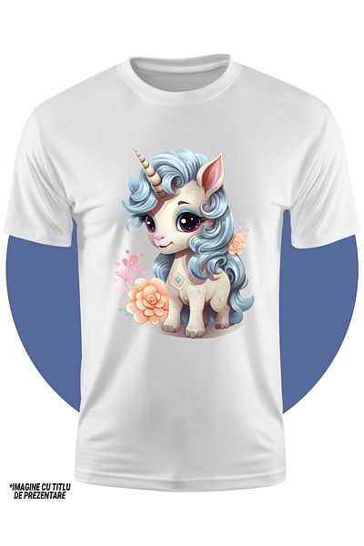 StoryGift Romania Children's T-shirt with a little unicorn, illustration, cheerful, happiness, orange flowers, for co