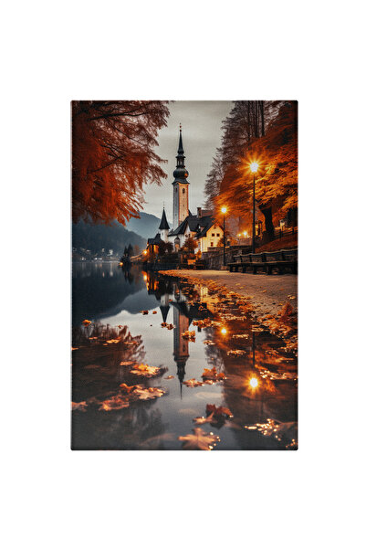 StoryGift Romania Tablou Canvas: View Biserica Inalta Pe Lac Stralucitor Sat Intre Munti Toamna Pictura Digitala
