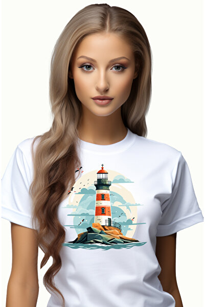StoryGift Romania Tricou Femei Cu Un Far, Ilustratie, Mare, Apa, Pasari, Arta...