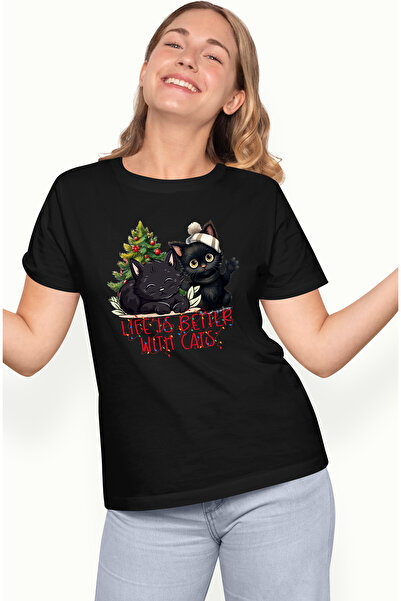 StoryGift Romania Tricou Femei Cu 2 Pisoi Negri Cu Mesajul "life Is Better Wi...