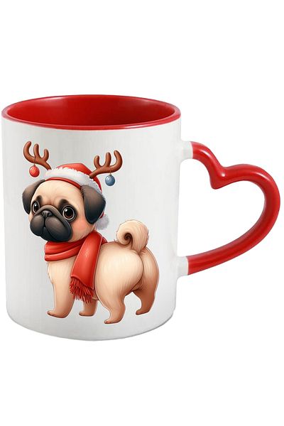 StoryGift Romania Cana Cu Un Caine Pug Care Are Niste Coarne De Ren | Ilustratie | Caciula | Fular, Cu Maner Inim Stg